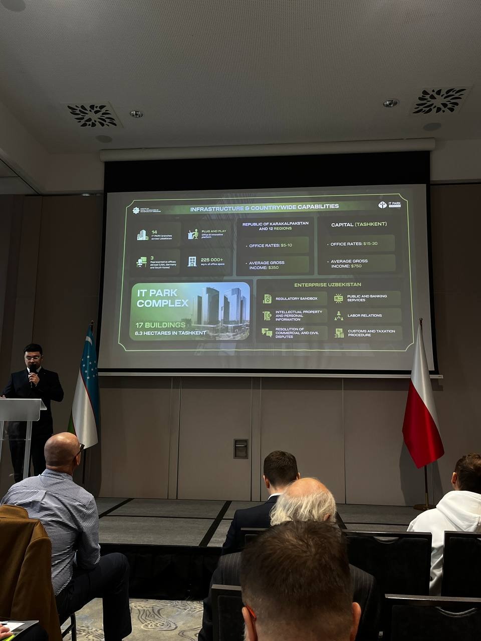 Representatives of IT Park Uzbekistan speaking at Uzbekistan Outsourcing Conference in Poland, viewed from the audience