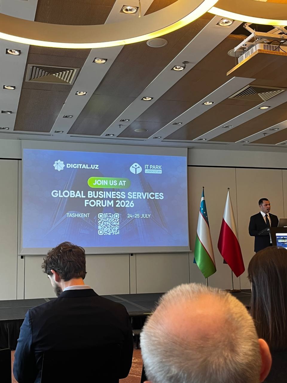 IT Park Uzbekistan representative speaking at the Uzbekistan Global Scale & Outsourcing Conference 2026 in Warsaw.
