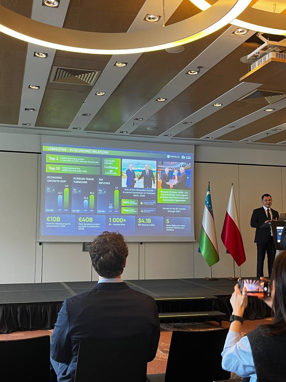 IT Park Uzbekistan representative presenting a slide on relations between the European Union and Uzbekistan.